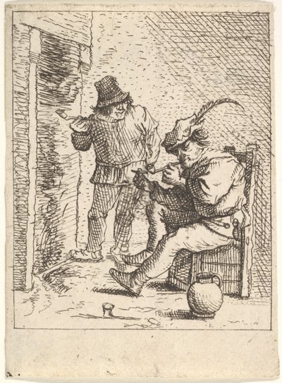 To mannlige bønder holder rør foran et ildsted, den ene sitter med røret holdt..., Etter 1625-90. av Unbekannt