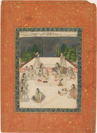 To kvinner satt på en terrasse, omgitt av ledsagere og musikere, ca. 1650. av Unbekannt