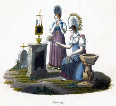To kvinner som står foran en gravstein på en kirkegård, ca 1800 av Unbekannt