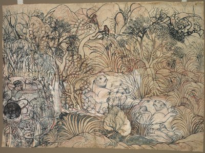Umed Singh fra Kota Hunting Lions, ca. 1785-1790. av Unbekannt