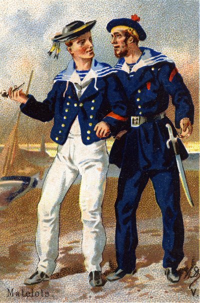 V: Sjømenn. Gravering i "Militæralfabetet". Illustratorens initialer: A. D. Ukjent utgiver. Kromolitografier sent på 1800-tallet. Mål: 10,5x7 cm. av Unbekannt