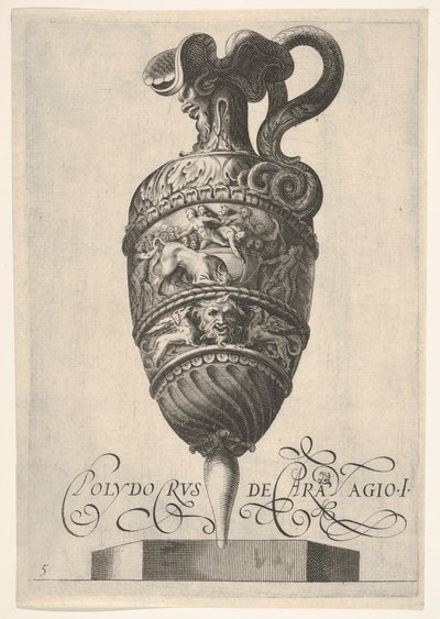 Fartøy med groteske masker, griffiner og en frise befolket av en okse og menn i..., ca 1550-1600. av Unbekannt