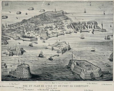 Utsikt og plan over øya og havnen i Kronstadt, ca. 1850 av Unbekannt