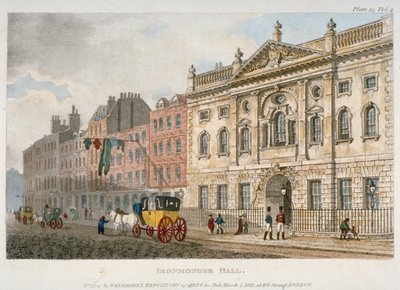 Utsikt over Ironmongers' Hall og mennesker og en buss i Fenchurch Street, City of London, 1811 av Unbekannt