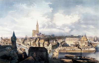 Utsikt over Strasbourg (Frankrike) fra Saint Guillaume-tårnet. Litografi i farger. av Unbekannt