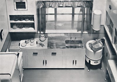 Utsikt over et kjøkken, designet av H.M.V. Husholdningsapparater, 1938 av Unbekannt