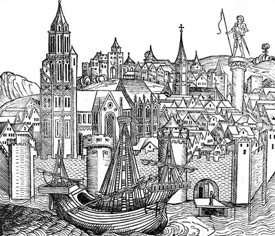Utsikt over befestet by, 1493 av Unbekannt