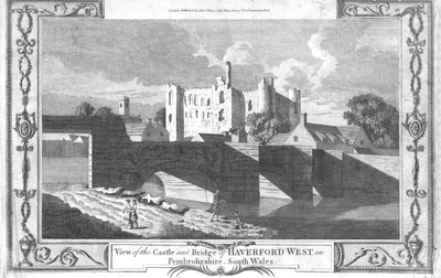 Utsikt over slottet og broen i Haverford West i Pembrokeshire., sent på 1700-tallet av Unbekannt