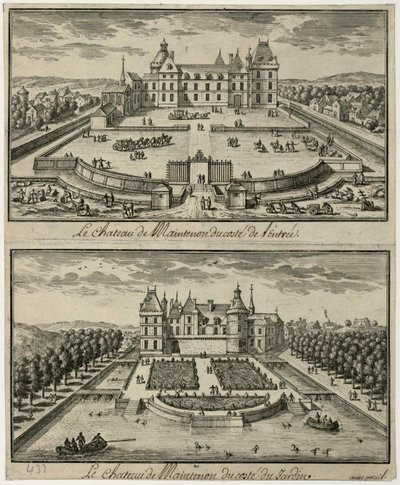 Utsikt over Château de Maintenon fra inngangen og fra hagen, 1600-tallet. av Unbekannt
