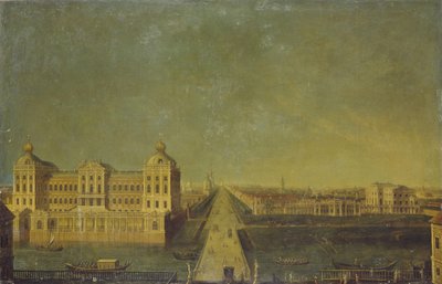 Utsikt over Nevsky Prospekt fra Anichkov-palasset med Shuvalovs-huset, andre halvdel av 1700-tallet. av Unbekannt