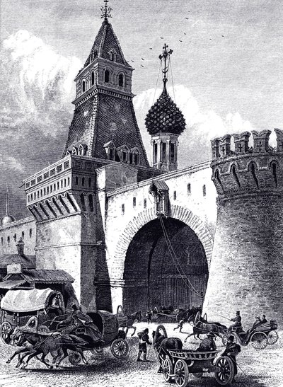 Utsikt over Nikolskaya Tower og Armory i Moskva, ca 1860 av Unbekannt