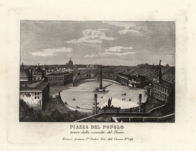 Utsikt over Piazza del Popolo, Place du Peuple, med en egyptisk obelisk av Rameses II fra Heliopolis, fra toppen av Pincian Hill, Roma av Unbekannt