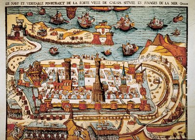 Utsikt over byen Calais i 1538. Xylografi. av Unbekannt