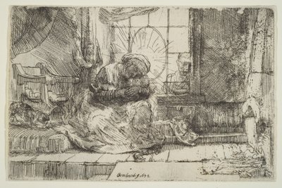 Jomfru og barn med katten: og Josef ved vinduet, 1654. av Unbekannt