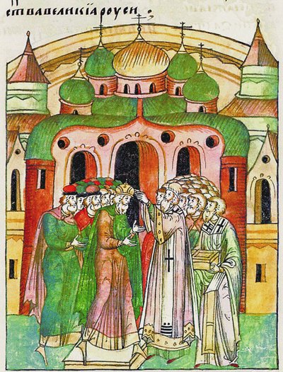 Vladimir Vsevolodovich kronet av biskop Neophytos med Monomakhs Cap. Fra Illuminated Compil av Unbekannt