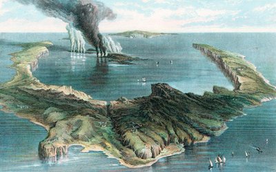Vulkan på øya Thera Santorini i utbrudd, 1866 av Unbekannt