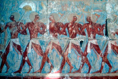 Veggmaleri: vender tilbake fra ekspedisjonen, tempelet til dronning Hatshepsut, Luxor, Egypt, c1470 f.Kr. av Unbekannt