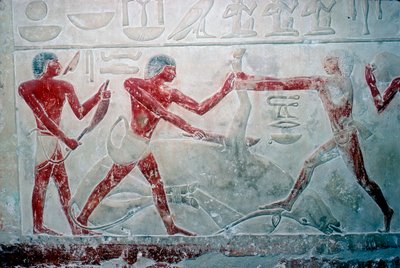 Veggmaleri av 3 slaktere som skjærer opp en skrott, Tomb of Idut, 5th Dynasty, c2350 BC av Unbekannt