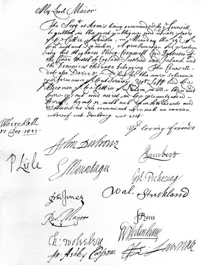 Ordre fra Council of State til Lord Mayor of London, som ønsker at han og Aldermen skal delta på proklamasjonen av Oliver Cromwell som Lord Protector of the Commonwealth of England, Scotland, Ireland & the Dominions 19. desember av Unbekannt