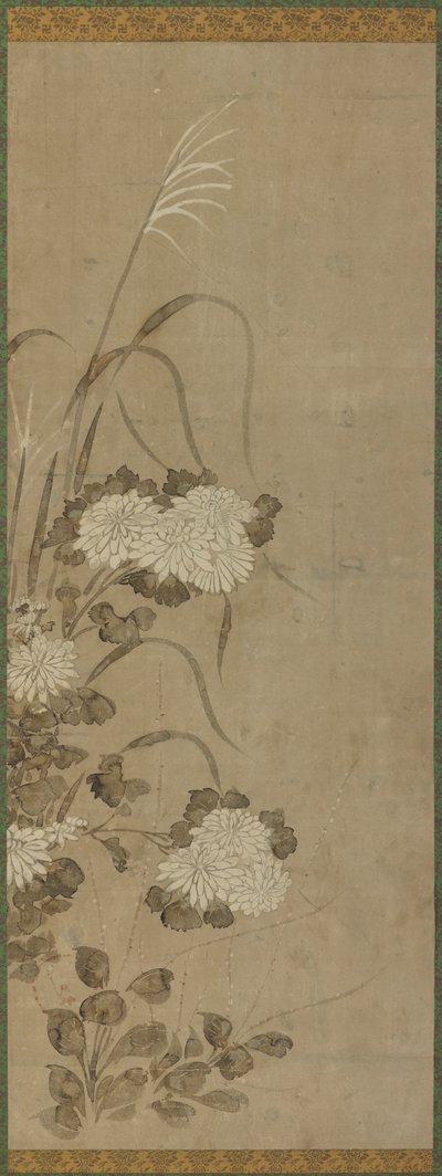 Hvite krysantemum og gress, Edo-perioden, 1615-1868. av Unbekannt