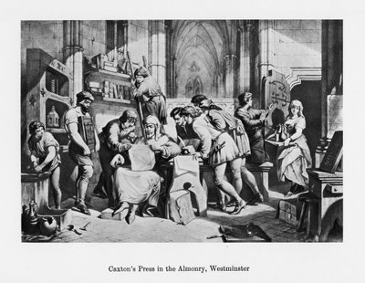 William Caxtons presse i Almonry, Westminster, 1400-tallet, 1800-tallet av Unbekannt