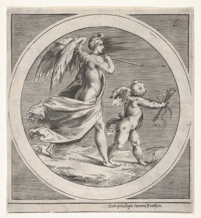 Bevinget kvinneskikkelse, drapert og bærende en stav, skridende bak en bevinget putto..., ca. 1550-1600. av Unbekannt