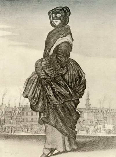 Vinter - Utendørs vinterkjole av engelsk kvinne, regjering av Charles I, c1620-1640, 1937 av Unbekannt