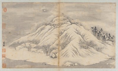 Vinterlandskap: en månebelyst ås og bygninger, Qing-dynastiet, 1700-tallet. av Unbekannt
