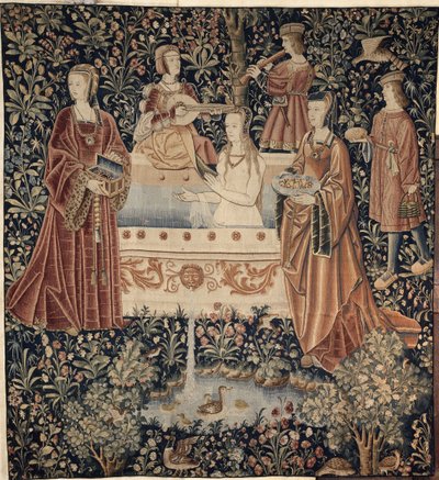 Kvinne bader omgitt av Attendants Tapestry-serien La Vie Seigneuriale, ca. 1500 av Unbekannt