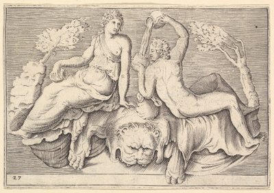 Woman and Man Seated on Lionskin, Man Pouring Wine, publisert ca. 1599-1622. av Unbekannt
