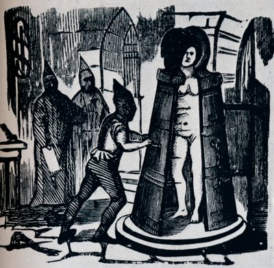 Tresnitt som viser Geuders Iron Maiden i et torturkammer, c1870 av Unbekannt