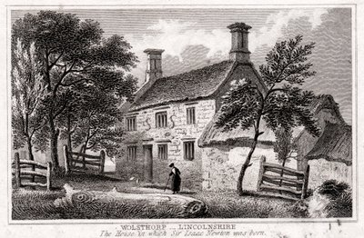 Woolsthorpe Manor, nær Grantham, Lincolnshire, fødestedet til Sir Isaac Newton, tidlig på 1800-tallet av Unbekannt