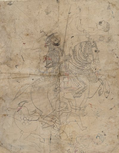 Tilbedelse av Brijnathanji og Swamini recta, rytterportrett verso, K. 1800. av Unbekannt