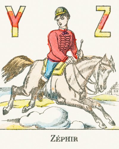 Z : Zephir, en rytter som galopperer på hesten sin ved navn Zephyr - Games Alphabet, ca. 1890 (gravering) av Unbekannt