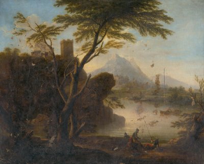 En bukt med et slott og en figurstav av Unbekannt