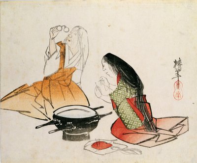 En ung kvinne som trer en nål av Chinnen (1792-1851), pub. ca. 1830, (chuban-størrelse, farget treblokktrykk) av Unbekannt Unbekannt