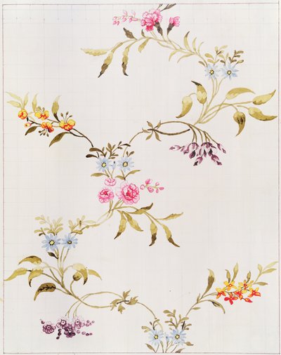 Blomsterdesign av nelliker og roser for et silkemateriale som skal veves på Spitalfields, av Anna Maria Garthwaite (1690-1763), 1744 (wc på papir, kvadratisk for overføring) av Unbekannt Unbekannt