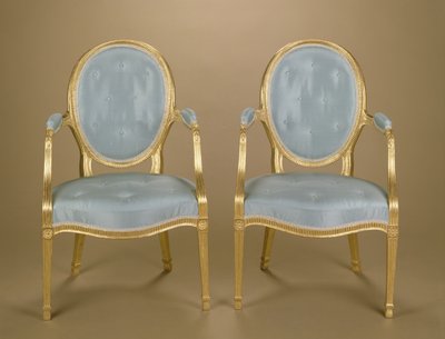 Par Adam ovalryggede forgylte carver-stoler, blått trukket, ca. 1780 av Unbekannt Unbekannt