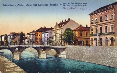 Postkort som viser Sarajevo, Appel-kaien og Lateiner-broen, stedet for attentatet på erkehertug Franz-Ferdinand og hans kone Sophie 28. juni 1914, ca. 1920 av Unbekannt Unbekannt