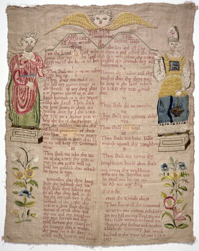 Sampler, som viser de ti bud, av Elizabeth Coventry, engelsk, 1727 (farget silke på lin) av Unbekannt Unbekannt