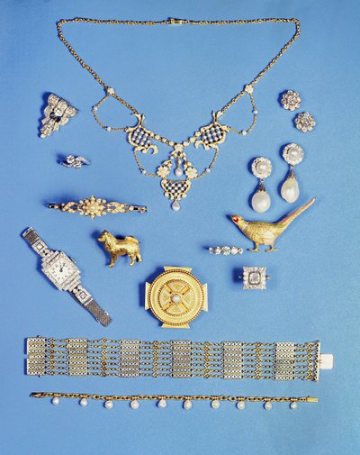 Utvalg av smykker: perle- og gullanheng; Art Deco diamant klipp brosje; perle dråpe øredobber; Keltisk stil gullbrosje; Edwardian kjede armbånd; fasan brosje; hengslet armring i halv perle gull av Unbekannt Unbekannt