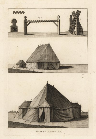 Militærtelt fra 1700-tallet: hest eller stativ til støtte for ildlåser 1,2,3, musketter på stativet 4, laboratorietelt tilhørende artilleriet 5, feltoffisertelt eller markis 6 av Unbekannt