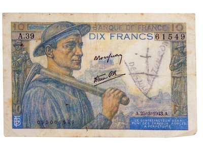 1942 10-franc seddel av Unbekannter Künstler