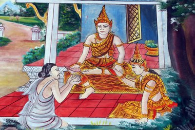 20151029, Vientiane, Laos: Wat Inpeng buddhisttempel. Jataka-fortellingene er fortellinger om Buddhas tidligere liv (det vil si før han ble født for siste gang for å bli Buddha) av Unbekannt