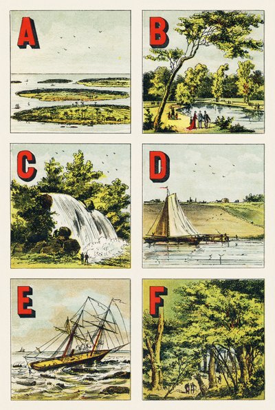 A B C D E F: skjærgård, Bois de Boulogne, foss, dyke, rev, skog i Fontainebleau - Gravering hentet fra Geografisk alfabet. Guerin-Muller et Cie, forlag, Paris av Unbekannt