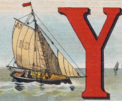 En Yacht. Gravering i "Alphabet de ma petite fille". Bernardin-Bechet og Fils, bokhandler-forlag, Paris, rundt 1895. Ubrytelig album på lerret. Bibliotheque des Bebes. 12 sider. Album som inneholder en lesemetode og et illustrerende abecedary. Dim: av Unbekannt