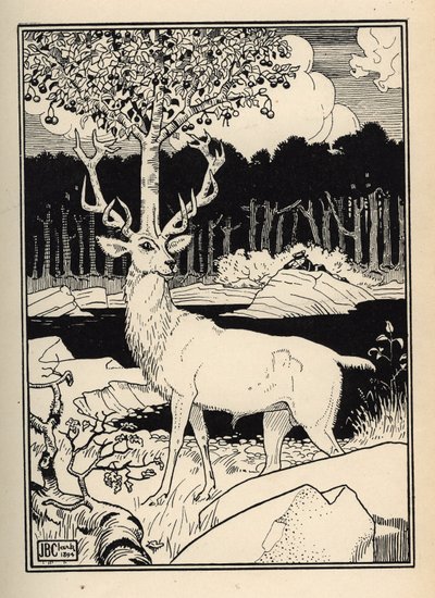 Et kirsebærtre på hodet til en hjort berørt av steinene av kirsebærspyd av Baron de Munchausen Illustrasjon av William Strang (1859-1921) og JB Clark hentet fra «The Adventures of the Baron of Munchausen (Munchhausen) av Rudolf Erich Raspe (1736- av Unbekannt