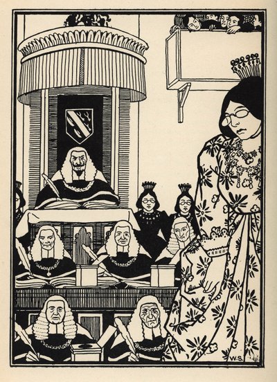 En domstol som stort sett er feminin, fremstår for baronen som en ironi som er verdig å nevne blant hans eventyr. Illustrasjon av William Strang (1859-1921) og JB Clark fra "The Adventures of the Baron of Munchausen (Munchhausen) av Rudolf Erich Raspe (173 av Unbekannt