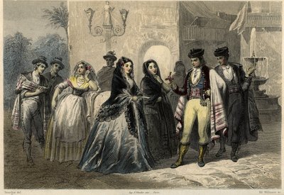 En galante scene på Mallorca (Mallorca, Mallorca), en ung mann tilbyr en blomst til en jente. i boken om Middelhavet av Louis Enault (1824-1900), en fransk journalist og reisende. av Unbekannter Künstler