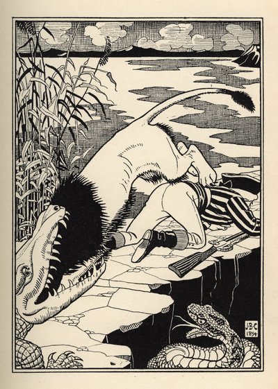 En løve som ville angripe Baron de Munchausen endte opp med en krokodille. Illustrasjon av William Strang (1859-1921) og JB Clark fra "The Adventures of the Baron of Munchausen (Munchhausen) av Rudolf Erich Raspe (1736-1794) (1789) av Unbekannt